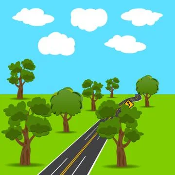 Intersections and branch roads in the animated style. Green trees. Landscap.. Stock Illustration