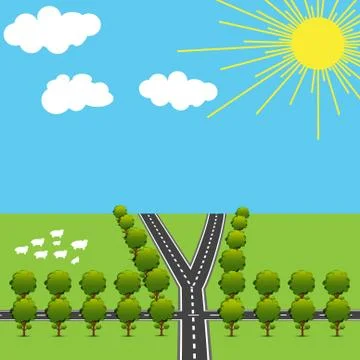 Intersections and branch roads in the animated style. Green trees. Landscap.. 스톡 일러스트