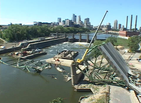 Interstate 35 bridge collapse in Minneapolis aftermath 2 Stock Footage 229503473