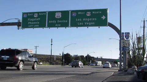 Interstate 40 and HIghway 93 street signs along US Route 66 Highway Kingman AZ Video stock 80745572