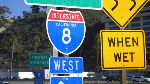 Interstate 8 overhead freeway sign in 4k slow motion Stock Footage 87352338