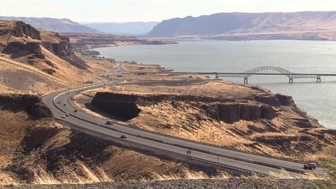 Interstate 90 and Vantage Bridge over the Columbia River Stock Footage 80831733