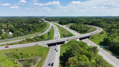 Interstate 93 highway interchange and overpass bridge with traffic, Salem Stock Footage 337269572