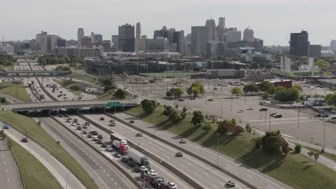 Interstate 94 drone with Detroit skyline Stock Footage 217653517