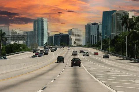 Interstate 95 Miami Florida 2005 with Sunset Sky Stock Photos
