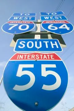 Interstate highway signs show the intersection of Interstate 70, 64 and 55 in Stock Photos
