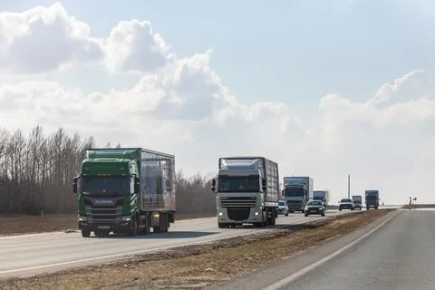 Interstate Highway Ufa - Kazan M7, Russia - Apr 23th 2021. Truck move along t Stock Photos