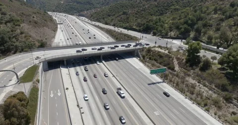 Interstate I-405 Sepulveda Pass Bel Air Los Angeles California Drone Aerial Stock Footage 221108409