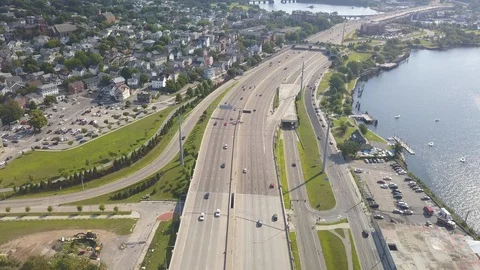 Interstate I95 195 Highway Traffic Providence Rhode Island Drone 4K Stock Footage 113140343