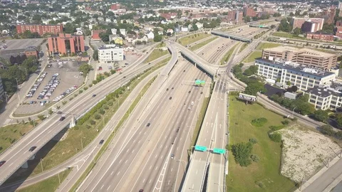 Interstate I95 195 Highway Traffic  Providence Rhode Island Drone 4K Stock Footage 113140857