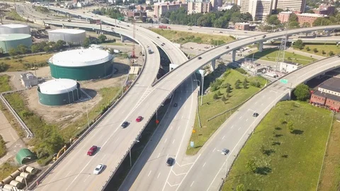 Interstate I95 195 Highway Traffic  Providence Rhode Island Drone 4K Stock Footage 113141443