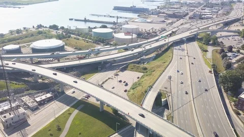 Interstate I95 195 Highway Traffic  Providence Rhode Island Drone 4K Stock Footage 113141488