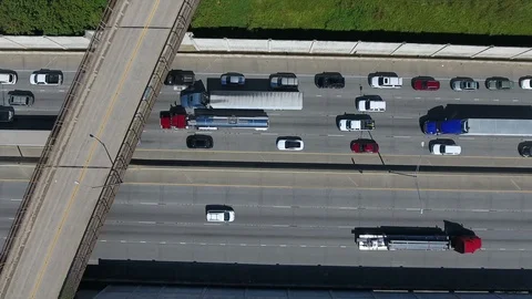 Interstate traffic overhead drone aerial Stock Footage 96349708