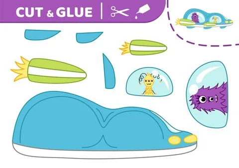 Interstellar blue space ship with aliens. Cut and glue. UFO. Applique. Paper Stock Illustration
