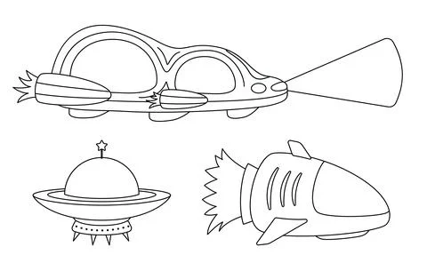 Interstellar space ship. Coloring page. Black and white cosmic ship. Vector Stock Illustration