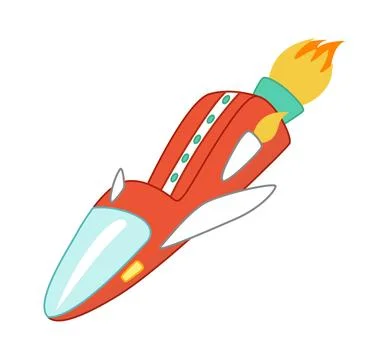 Interstellar space ship, red spaceship with turbine and fire. Cartoon, vector Stock Illustration