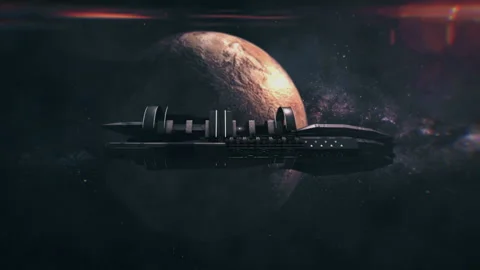 Interstellar spaceship flying in space near a planet. Spacecraft travels galaxy Stockbeeldmateriaal 160779385