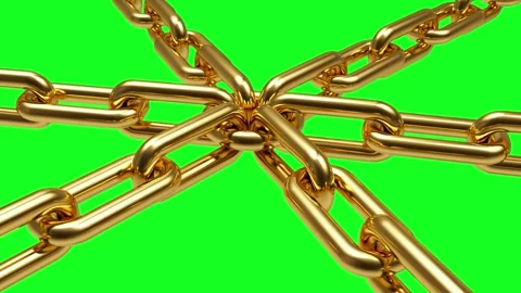 Intertwined gold chains on a green screen in 3D rendering Stock Footage 338227027