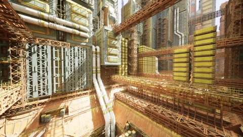 Intertwined metal frameworks highlighted by sunlight in cityscape Stock Footage 339791072