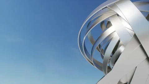 Intertwined Reflective Metallic Bands and Chrome Loops against a Clear Blue Sky Stock Footage 331573978