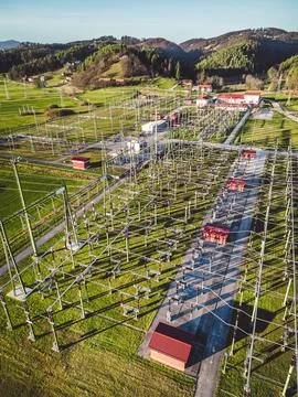An intertwinement of electrical wires down at the power station Stock Photos