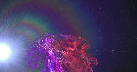 Intertwining purple and red particle ribbons flowing in deep space, with white Stock Illustration