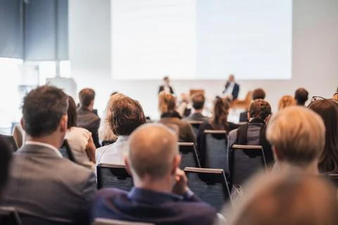 Interview and round table discussion at business convention and presentation Stock Photos