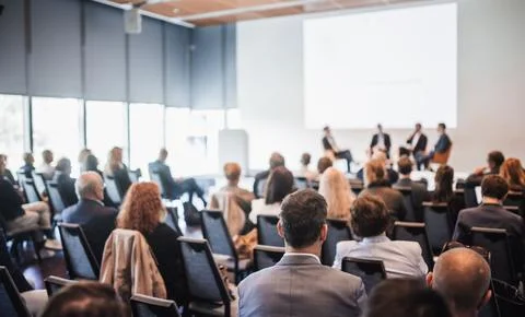 Interview and round table discussion at business convention and presentation Stock Photos