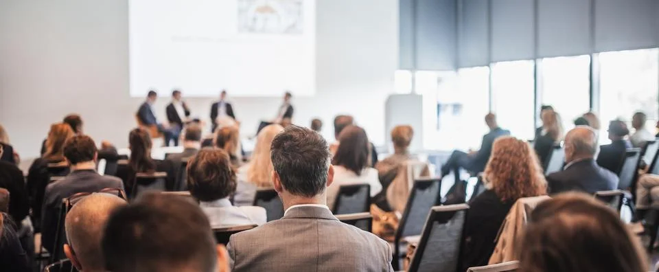 Interview and round table discussion at business convention and presentation Stock Photos