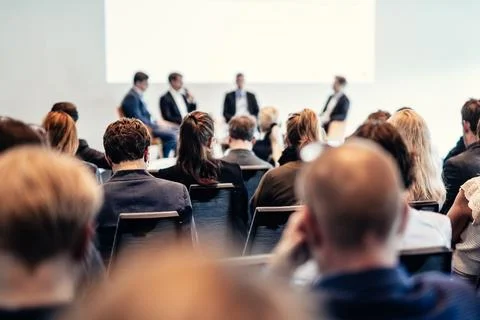 Interview and round table discussion at business convention and presentation Stock Photos