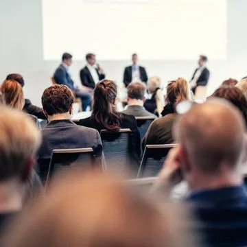 Interview and round table discussion at business convention and presentation Stock Photos