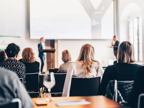 Interview and round table discussion at business convention and presentation Stock Photos