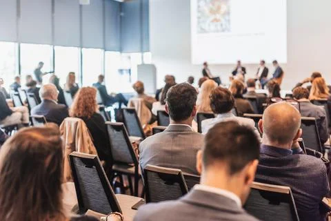 Interview and round table discussion at business convention and presentation Stock Photos