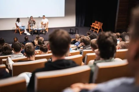 Interview and round table discussion at business convention and presentation Stock Photos