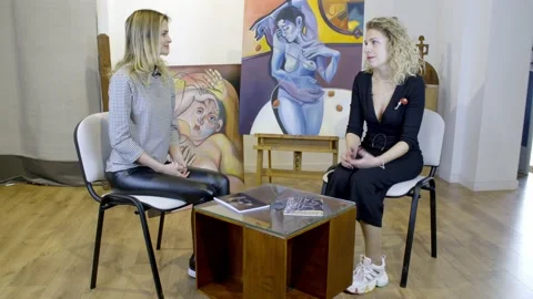 Interview with the artist in the studio Stock Footage 148998568