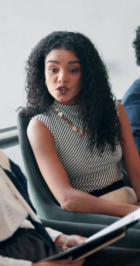 Interview, candidate and discussion with business woman for promotion survey Stock Footage 307585915