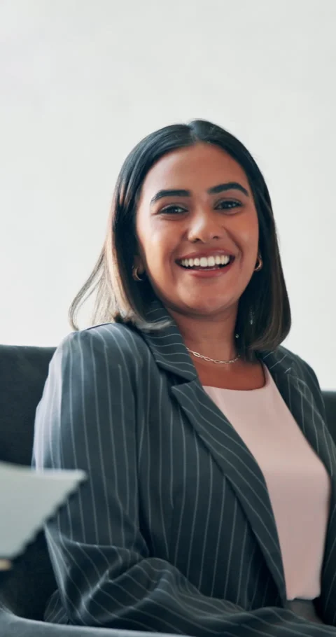 Interview, candidate and face of happy businesswoman for recruiting workforce Stock Footage 307585124