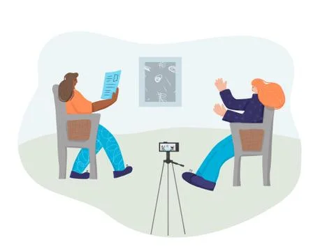 Interview concept. Two bloggers recording a content. Young persons sitting in Illustrazione stock