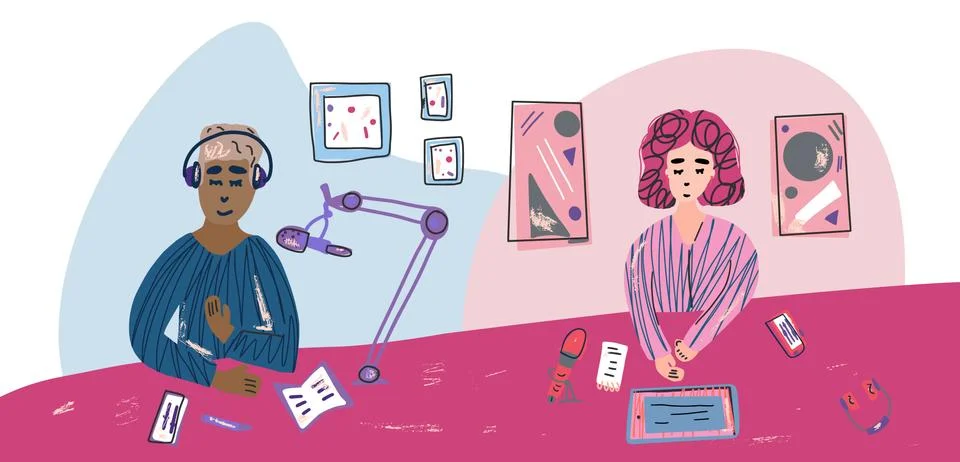 Interview concept. Young man interviewing a guest in a studio for a podcast.  Stock-Illustration