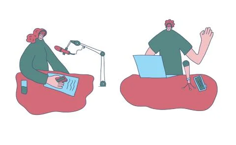 Interview concept. Young man interviewing a guest in a studio for a podcast.  Stock Illustration