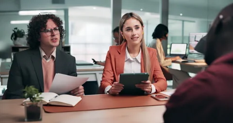 Interview, discussion or people in office with question, review or onboarding in Stock Footage 341494110