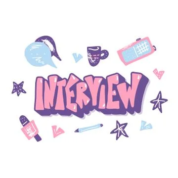 Interview emblem with lettering and decoration design elements isolated on wh Stock Illustration