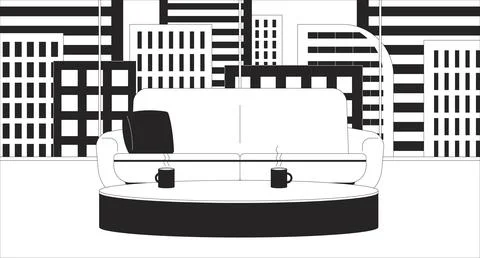 Interview filming location black and white line illustration Stock Illustration