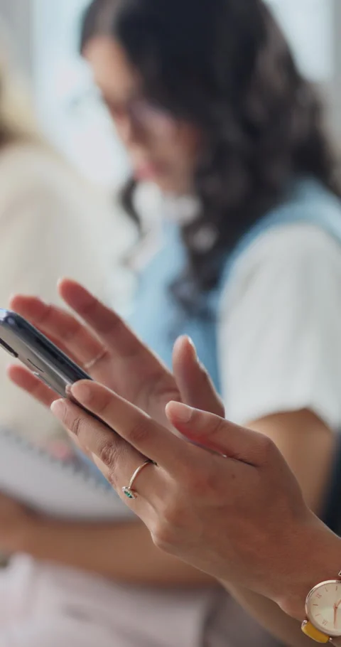 Interview, group or hands with phone in waiting room for company website, job Stock Footage 340748915