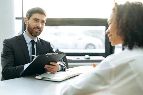 Interview, hiring concept. Caucasian successful CEO company, hiring manager Stock Photos