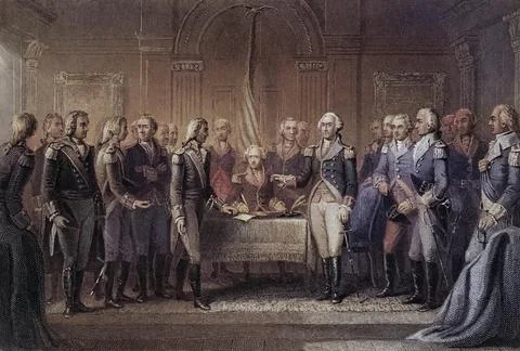 Interview of Howe's messenger with Washington 1776, USA, Historical, digitally Stock Illustration