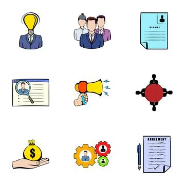 Interview icons set, cartoon style Illustrazione stock