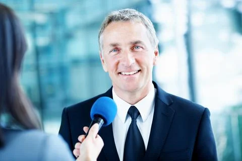 Interview, journalist and portrait with man and microphone for senator, politica Fotos Stock