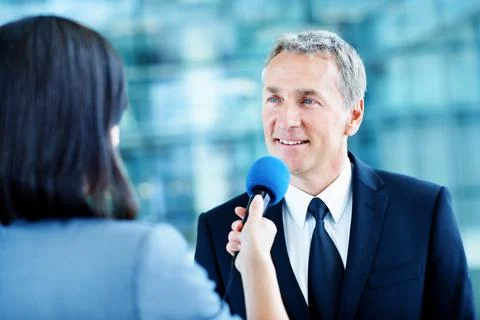 Interview, journalist and question with man and microphone for senator, politica Fotos Stock