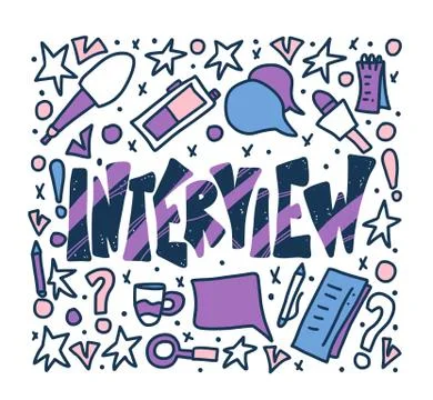 Interview lettering with decoration design element. Set of interview tools. B Stock Illustration
